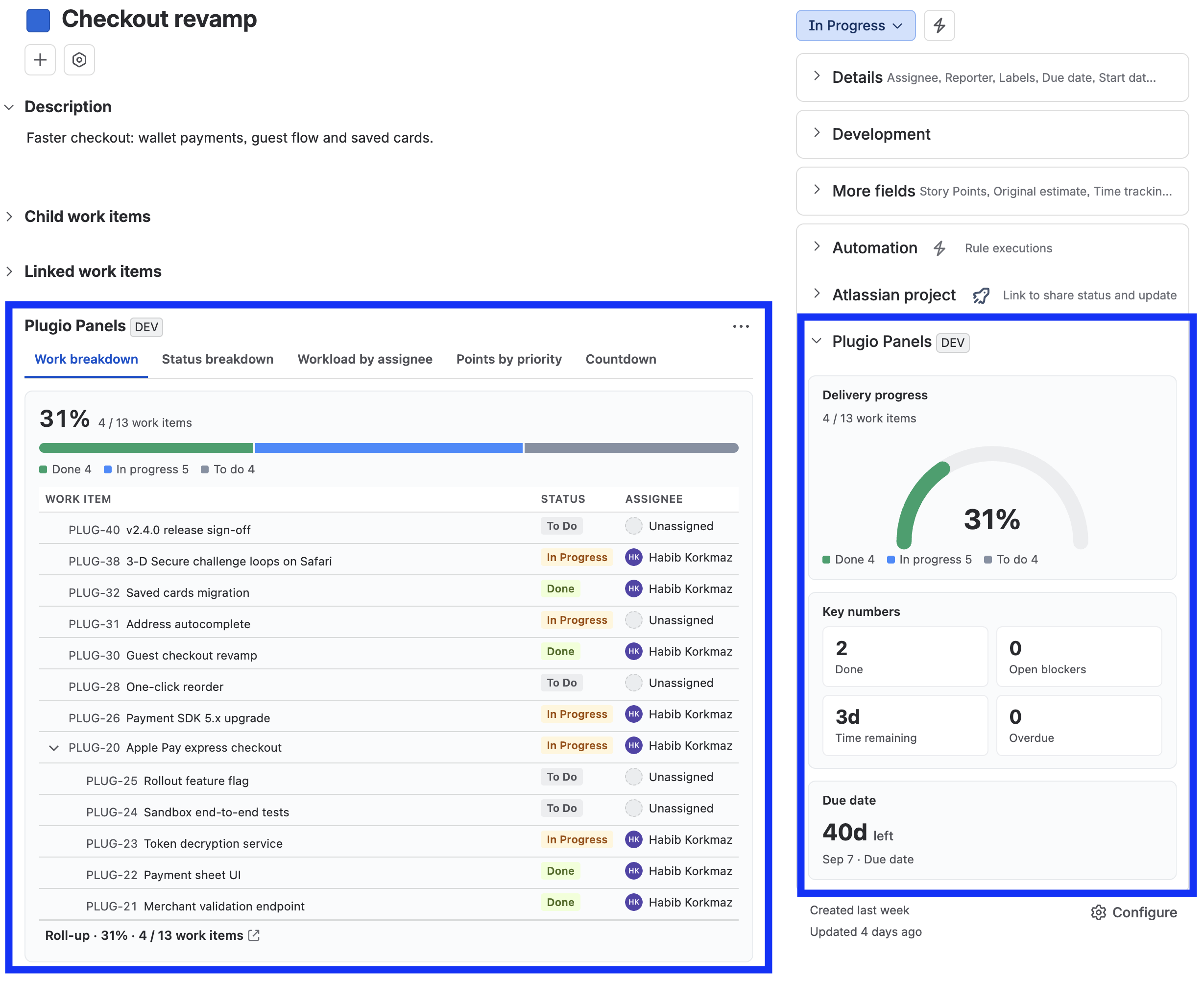 A Jira epic with Plugio Panels: compact widgets in the sidebar and a wide tabbed panel below the description