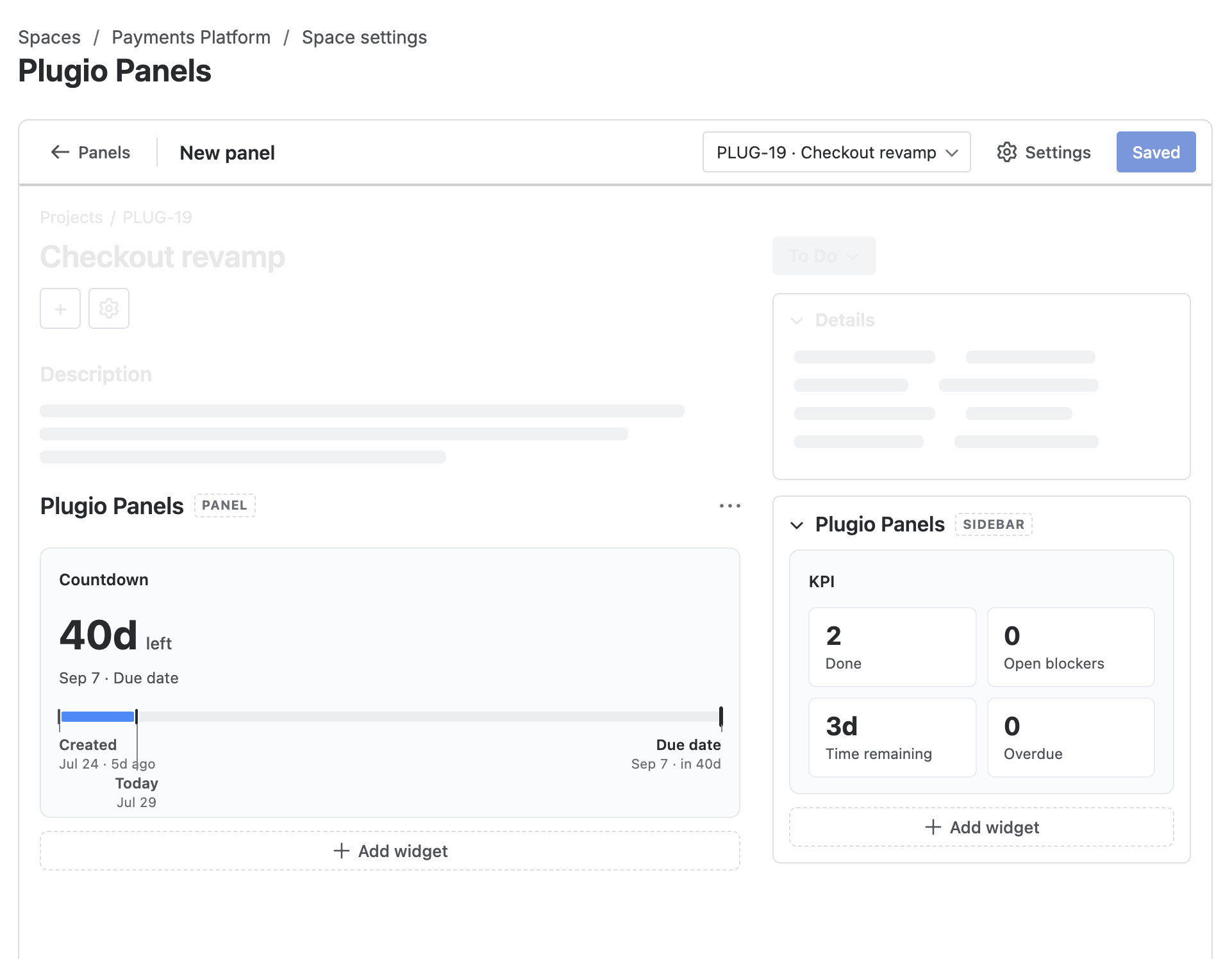 The Plugio Panels editor: a ghost issue page with the Panel zone and Sidebar zone, and a widget's settings open