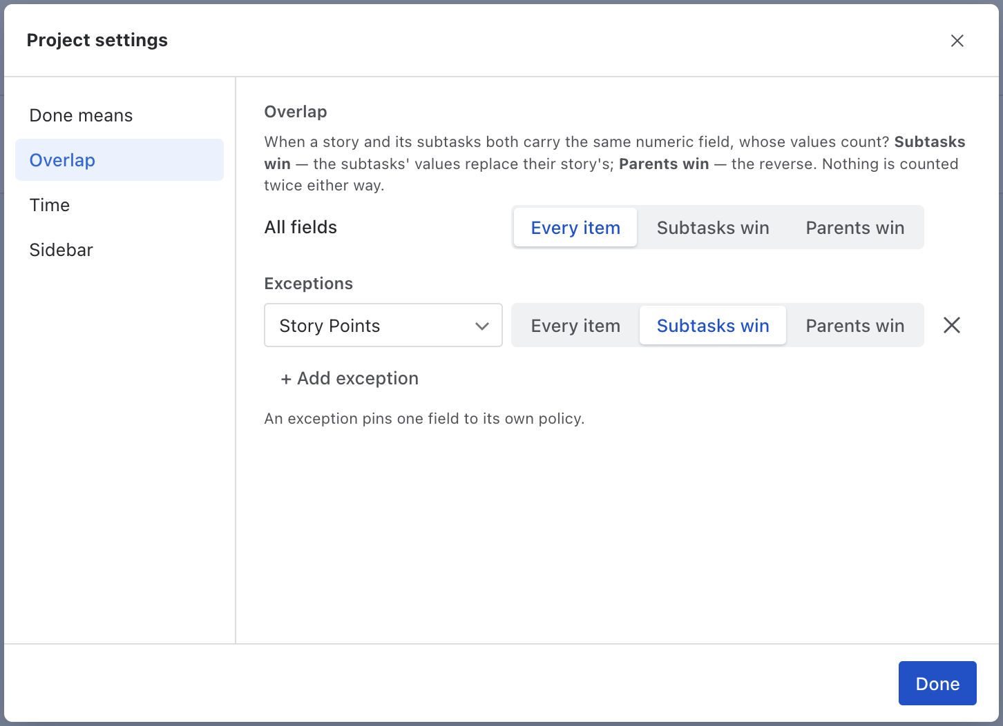 Plugio Panels project settings: the Overlap policy with a per-field exception