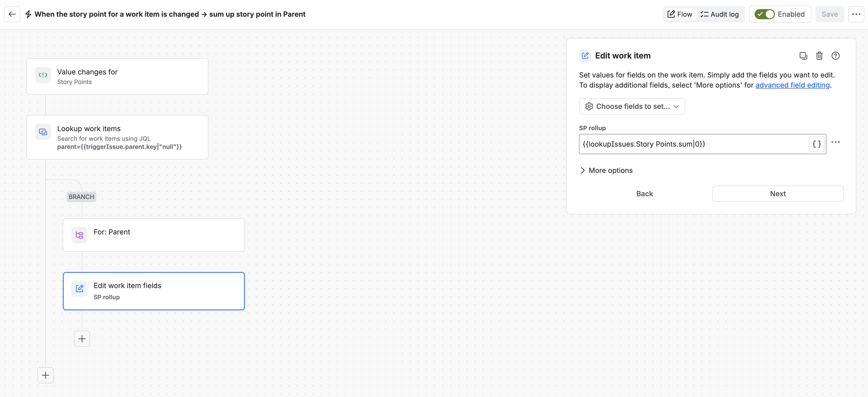 Jira automation rule that sums story points from sub-tasks into the parent story's rollup field