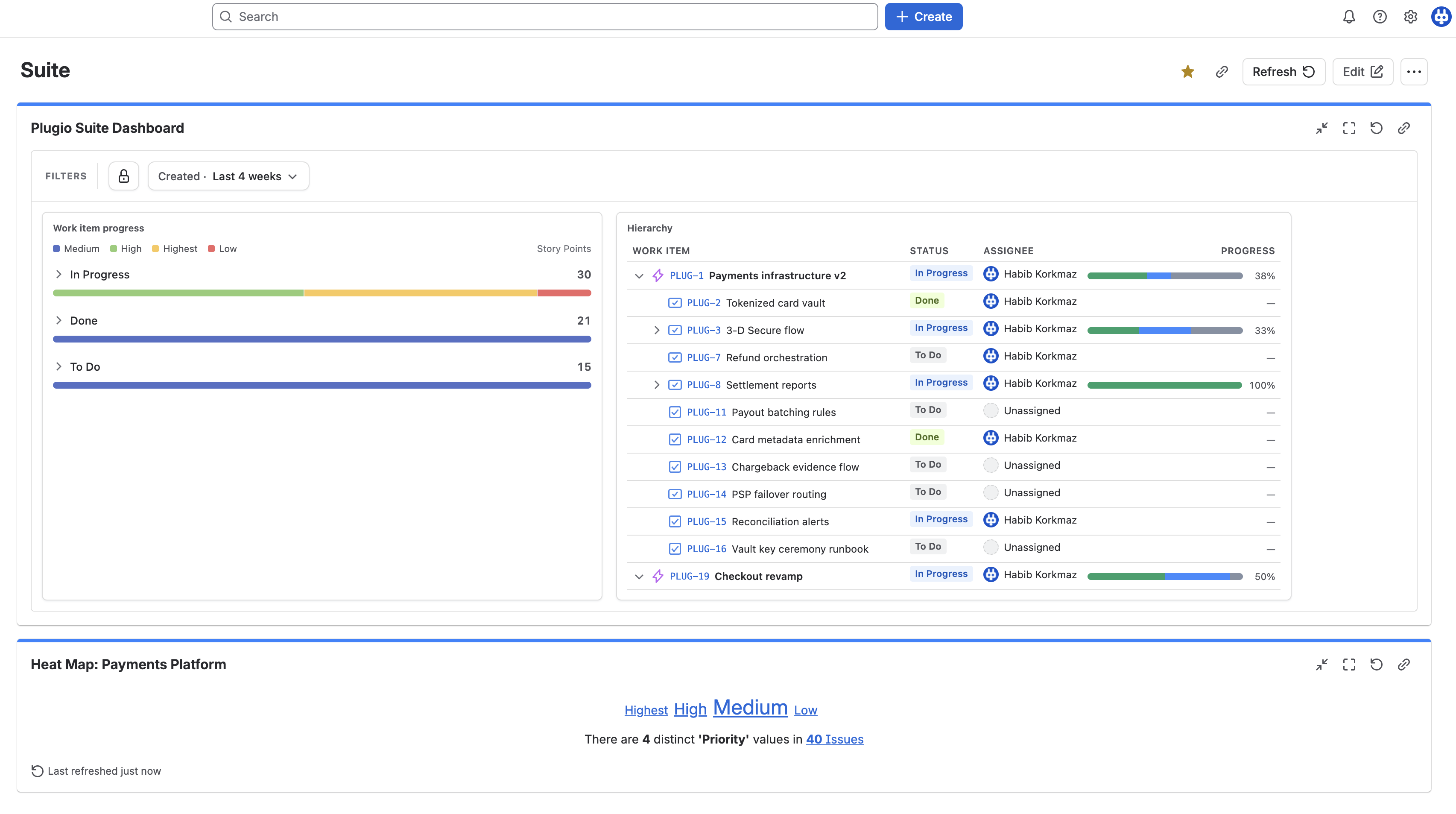 A Plugio Suite dashboard rendered as a gadget on a native Jira dashboard