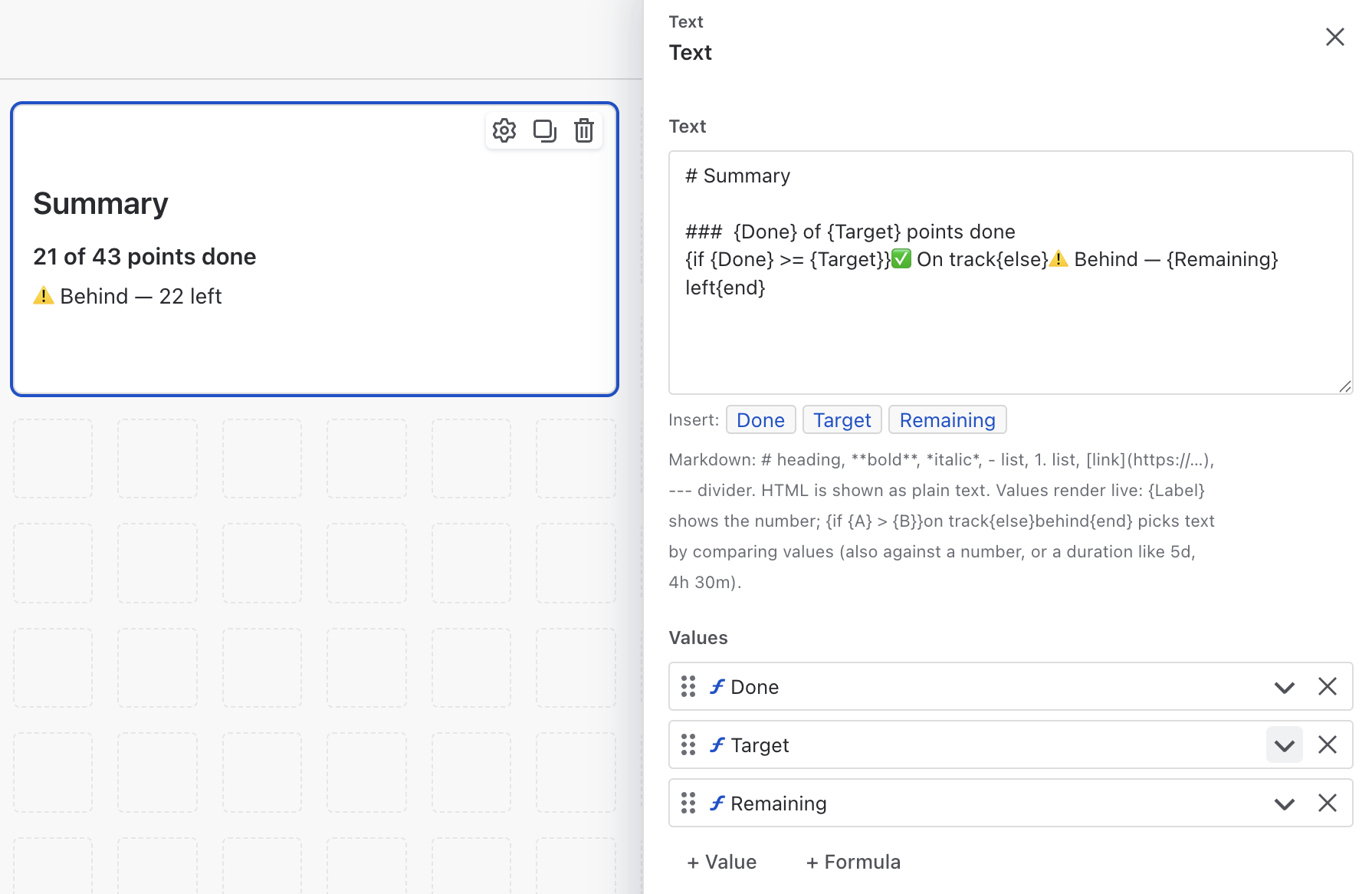 Plugio Suite Text widget: markdown with live {Value} references and a conditional phrase
