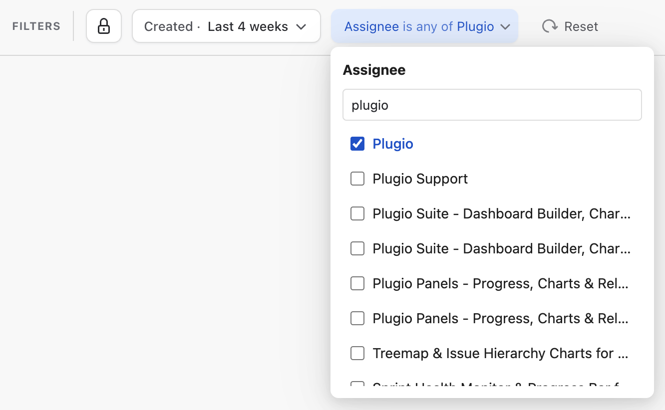 The viewer's filter bar in Plugio Suite: locked scope, live period picker, an editable filter and Reset