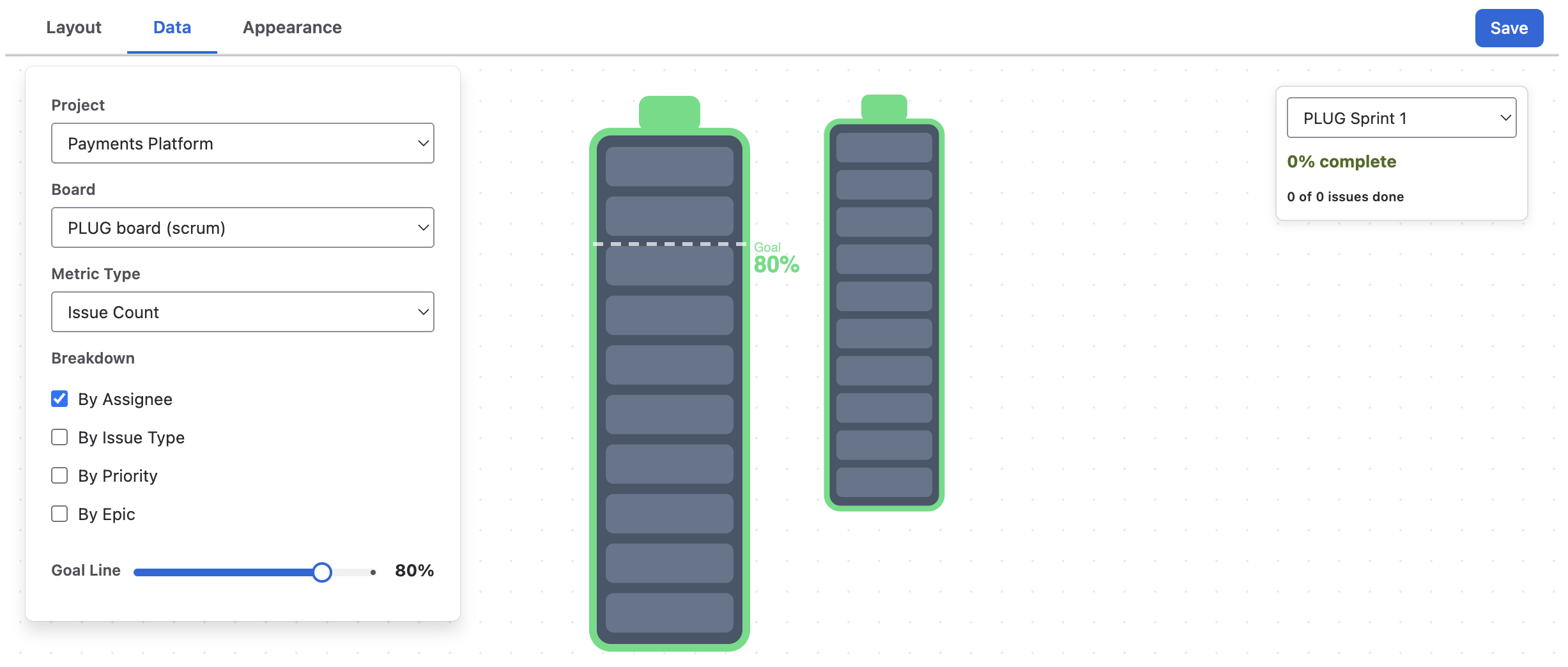 The Sprint Health editor: Layout, Data and Appearance panels with the battery preview
