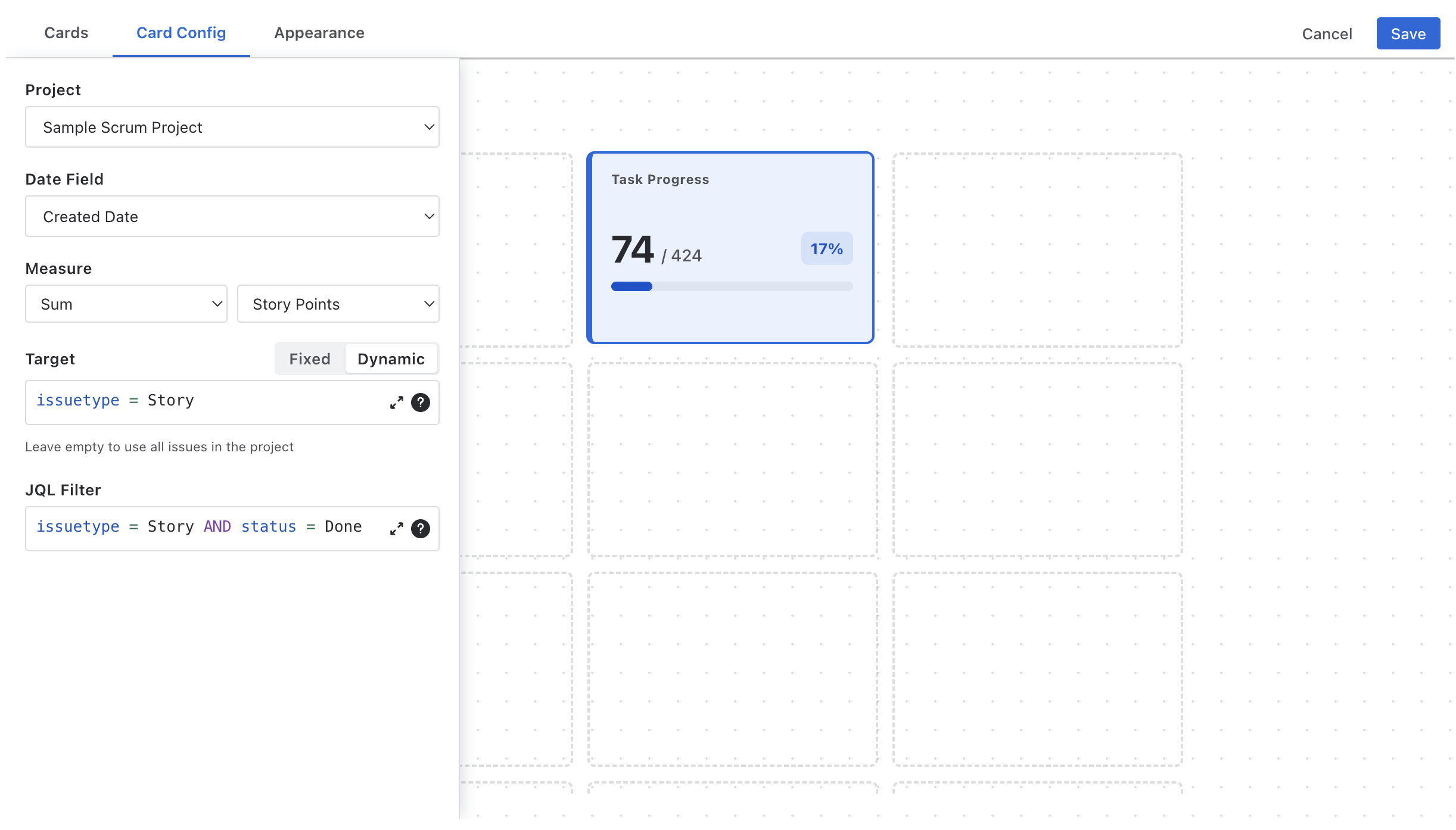 The Cards editor: toolbar with Cards, Card Config and Appearance, the period picker, and the grid with an empty Add Card slot