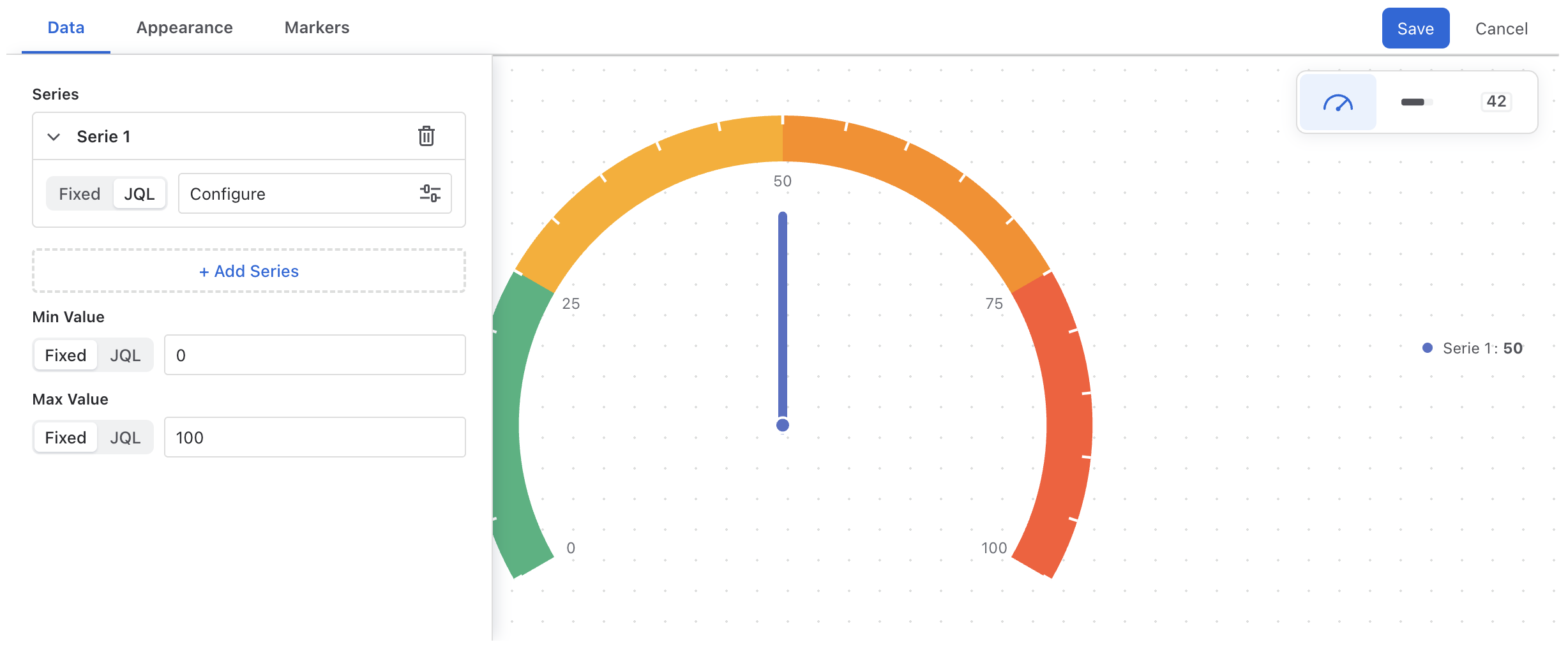 The Gauge editor: toolbar with Data, Appearance and Markers panels, the visualization switcher and the live preview