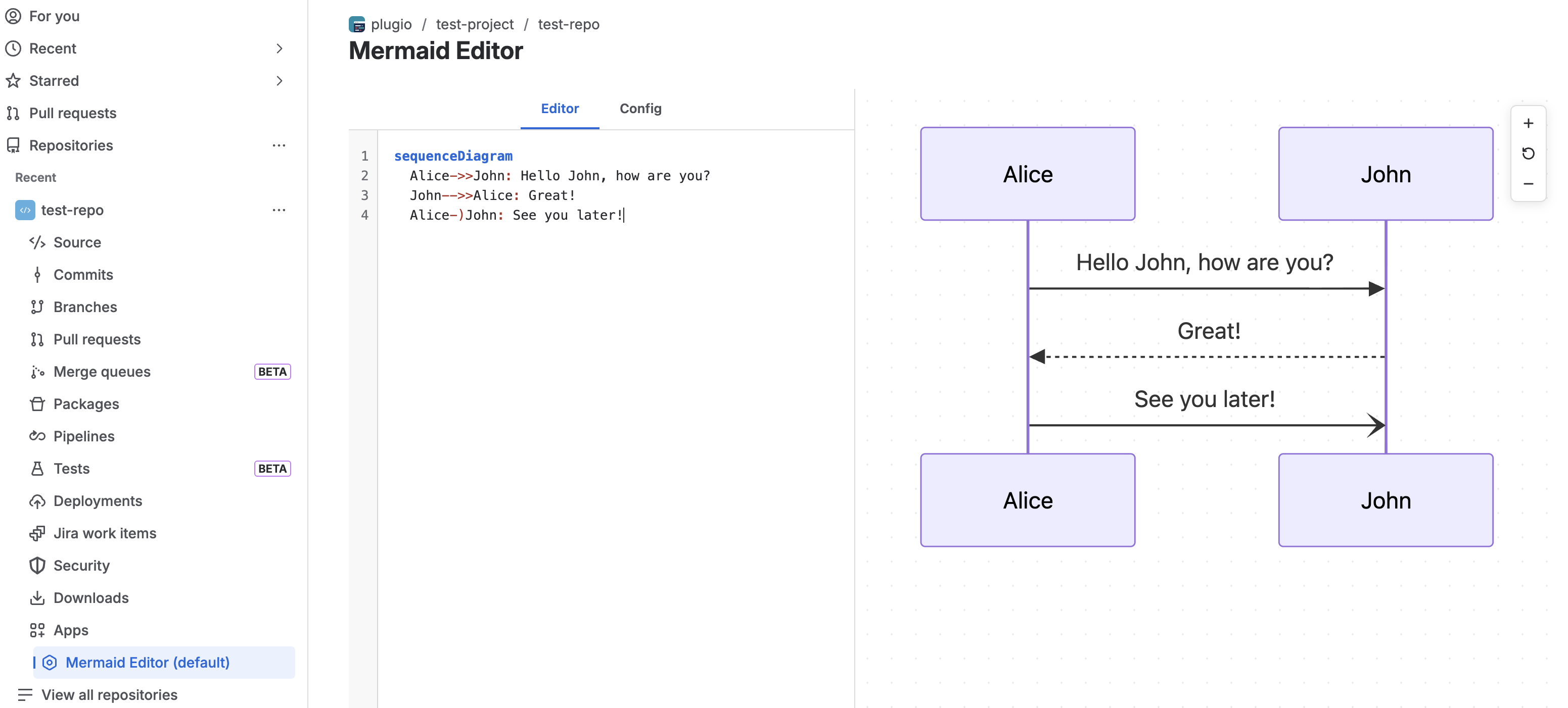 The Mermaid Editor page: code editor with line numbers on the left, live preview on a dot grid in the centre, zoom rail on the right
