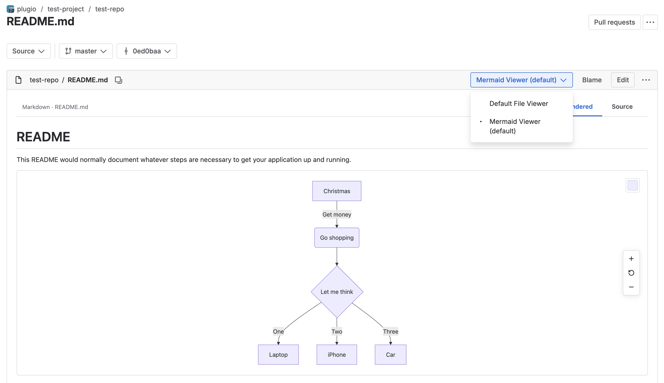 Bitbucket's file view with the viewer selector open, showing the Mermaid Viewer option