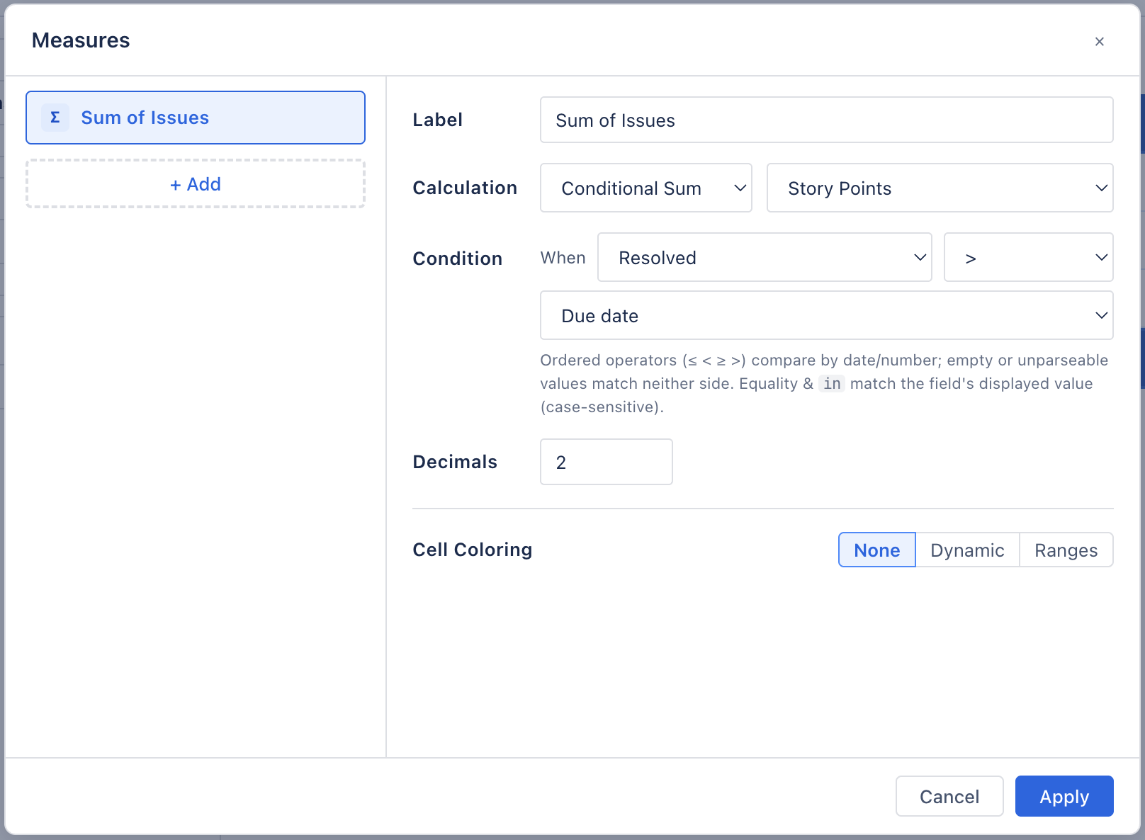 The Measures modal: list of metrics and formulas on the left, the editor for one conditional measure on the right