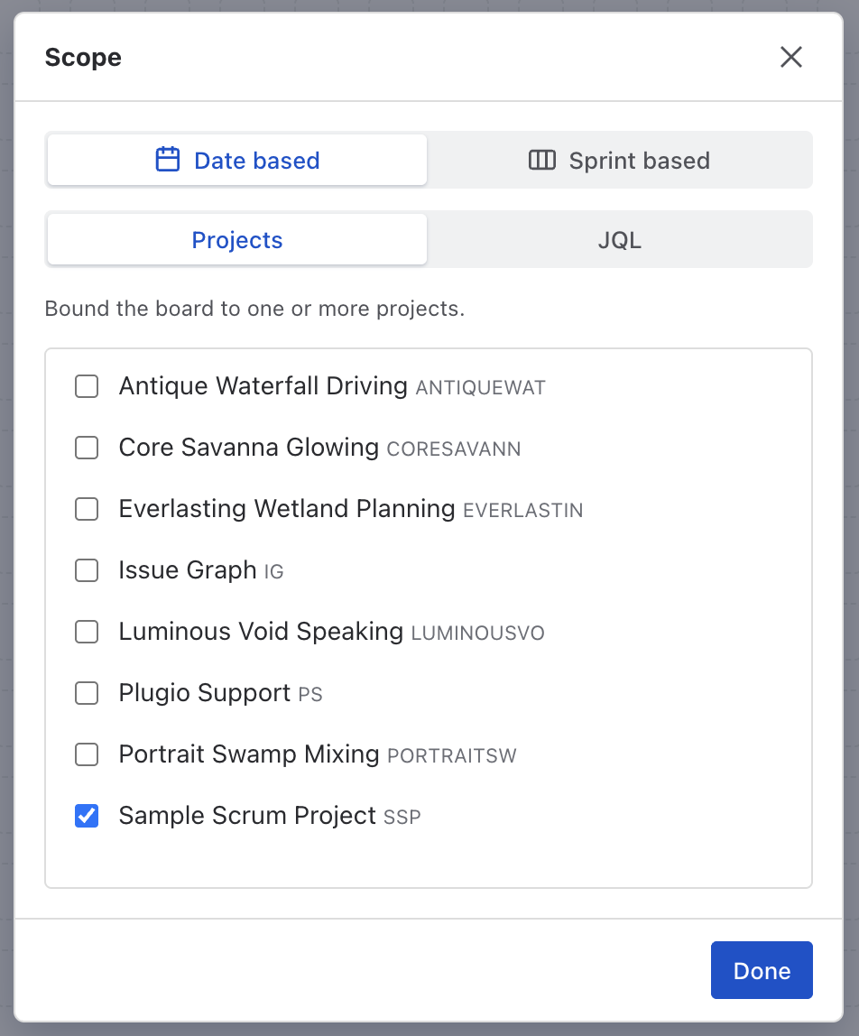 Scope dialog with Date based / Sprint based fork
